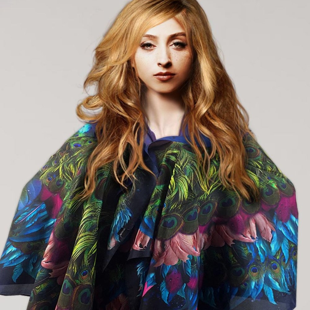 Peacock Feathers, Pink Rose & Wings Long Pure Silk Scarf - Picture 9 of 17